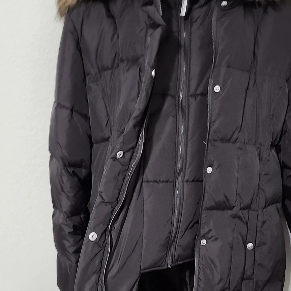 Michael Kors Jacket Womens Size XL Quilted Puffer Faux Fur Hood Black Brown
